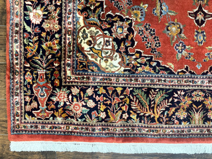 Indo Persian Rug 7x10 Vintage Handmade Wool Carpet Floral Medallion Red And Midnight Blue