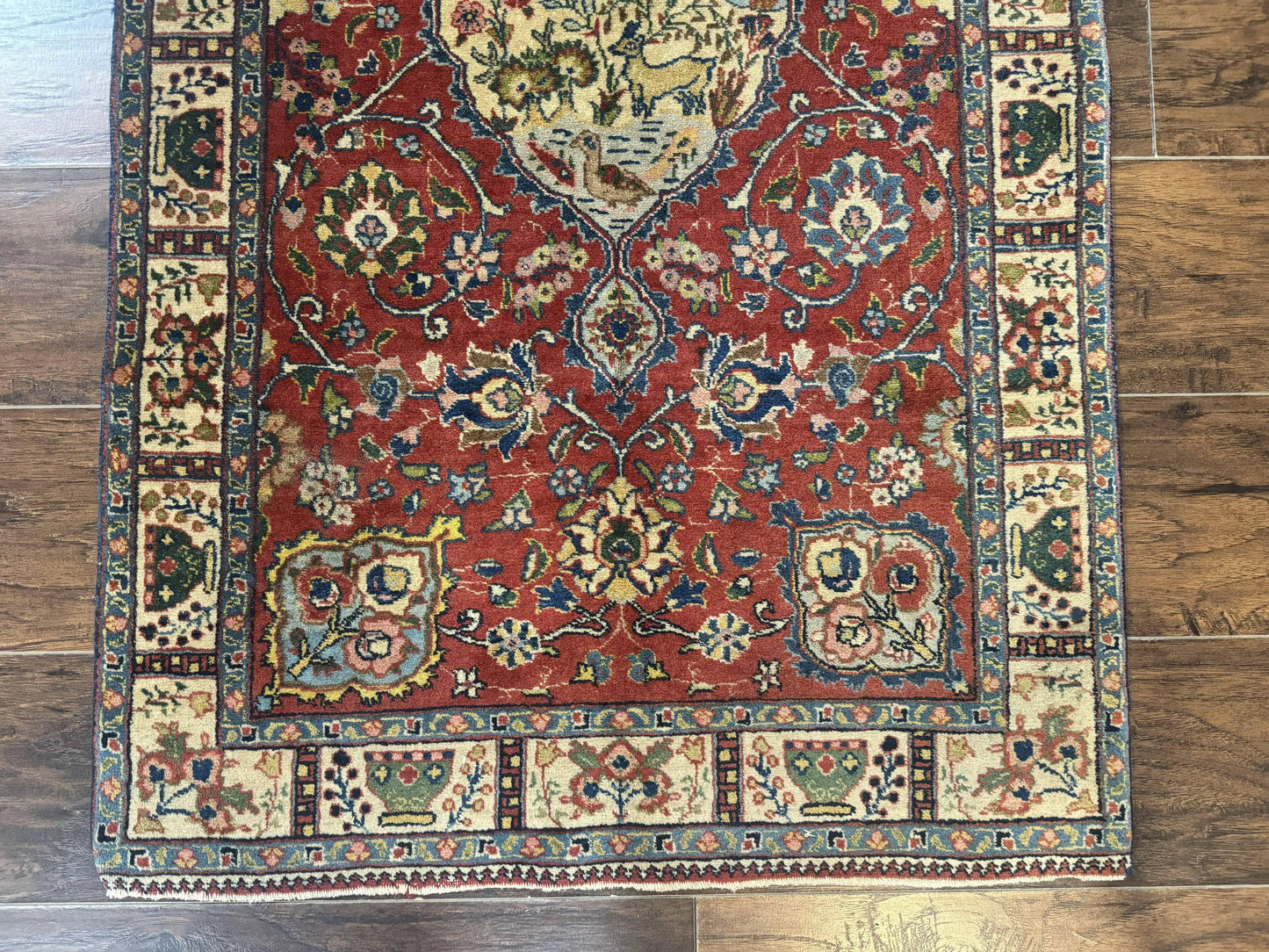 Small Persian Tabriz Rug 2.8 x 4.7, Red, Animal Pictorials, Semi Antique Vintage