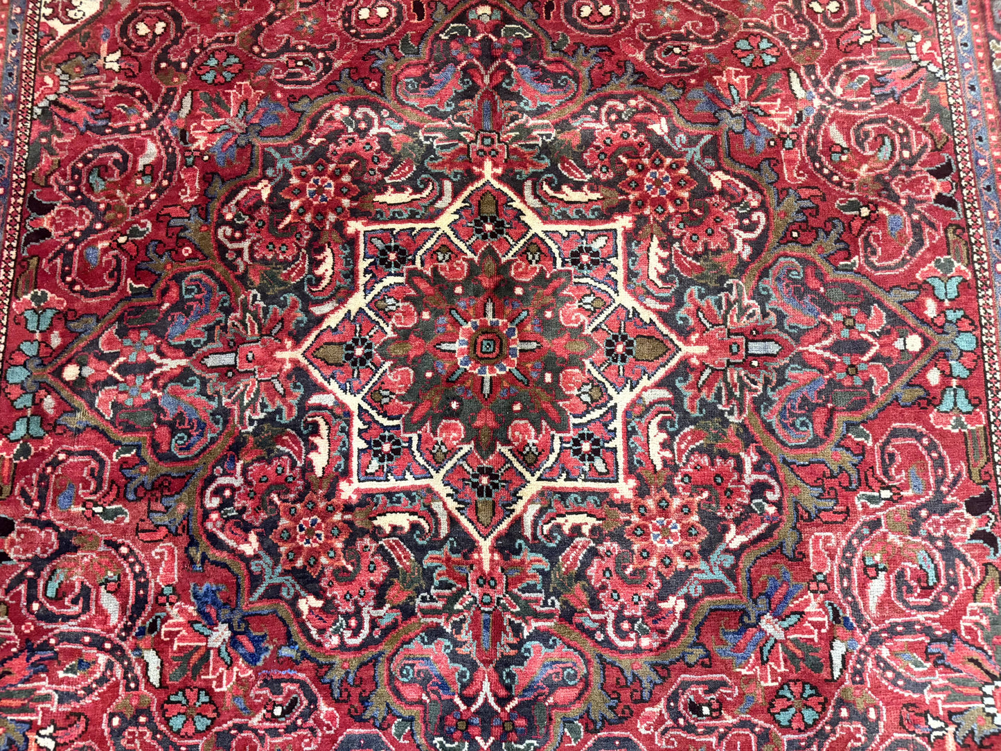 Persian Heriz Rug 7x10 Vintage Wool Carpet Red Navy Geometric Medallion