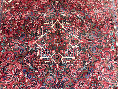 Persian Heriz Rug 7x10 Vintage Wool Carpet Red Navy Geometric Medallion