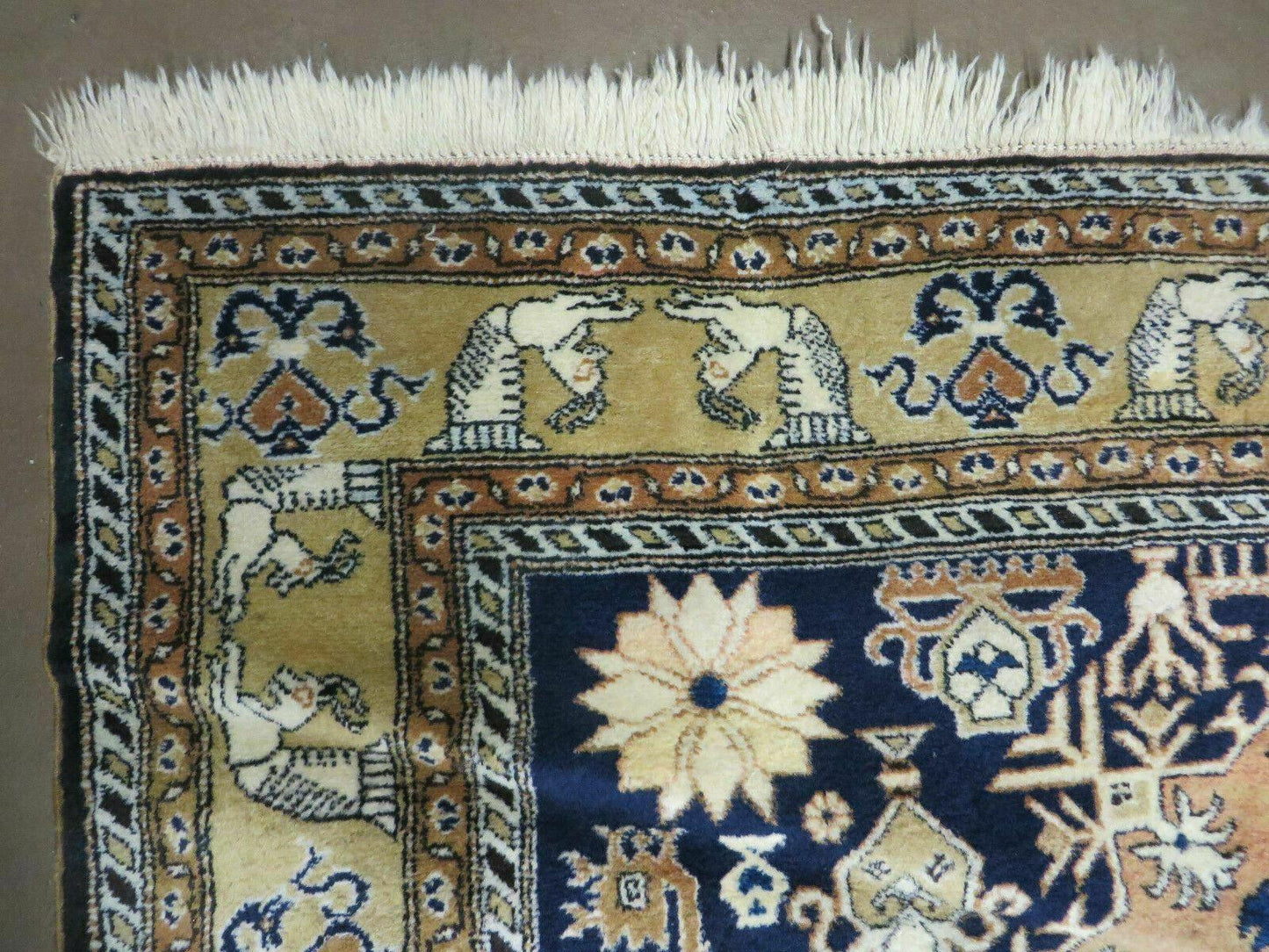 Persian Qum Rug Five Foot Six By Eight Foot Eight Navy Blue Vintage 1960s Cleaned