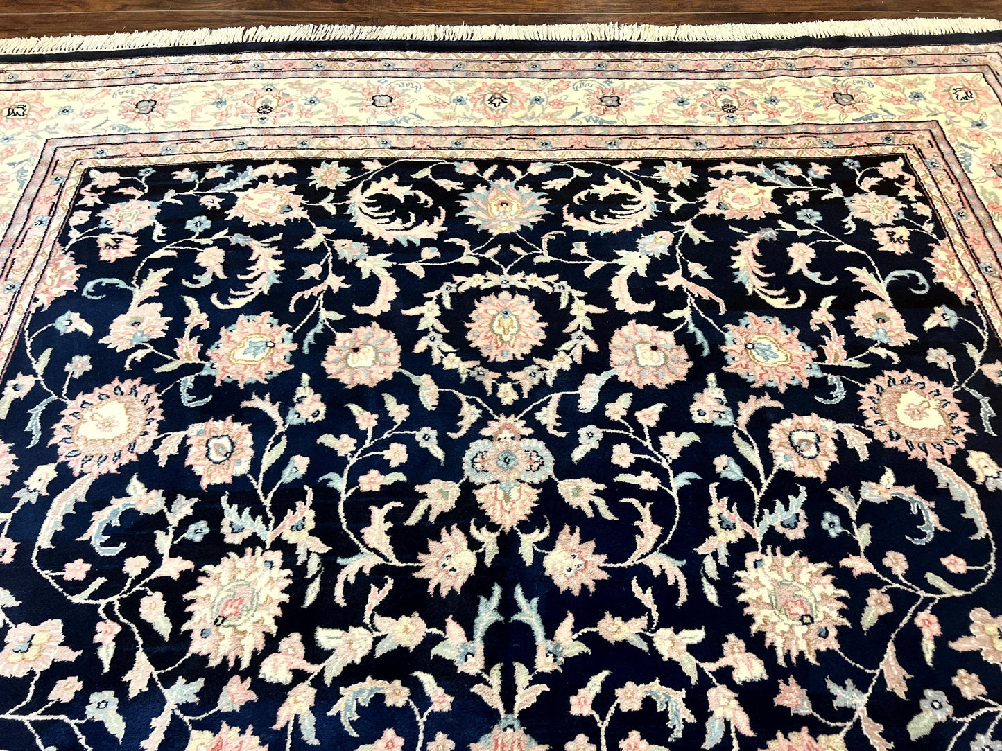 Indo Persian Rug 9x12 Wool Handmade Floral Allover Navy Ivory Vintage Carpet