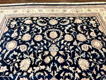 Indo Persian Rug 9x12 Wool Handmade Floral Allover Navy Ivory Vintage Carpet