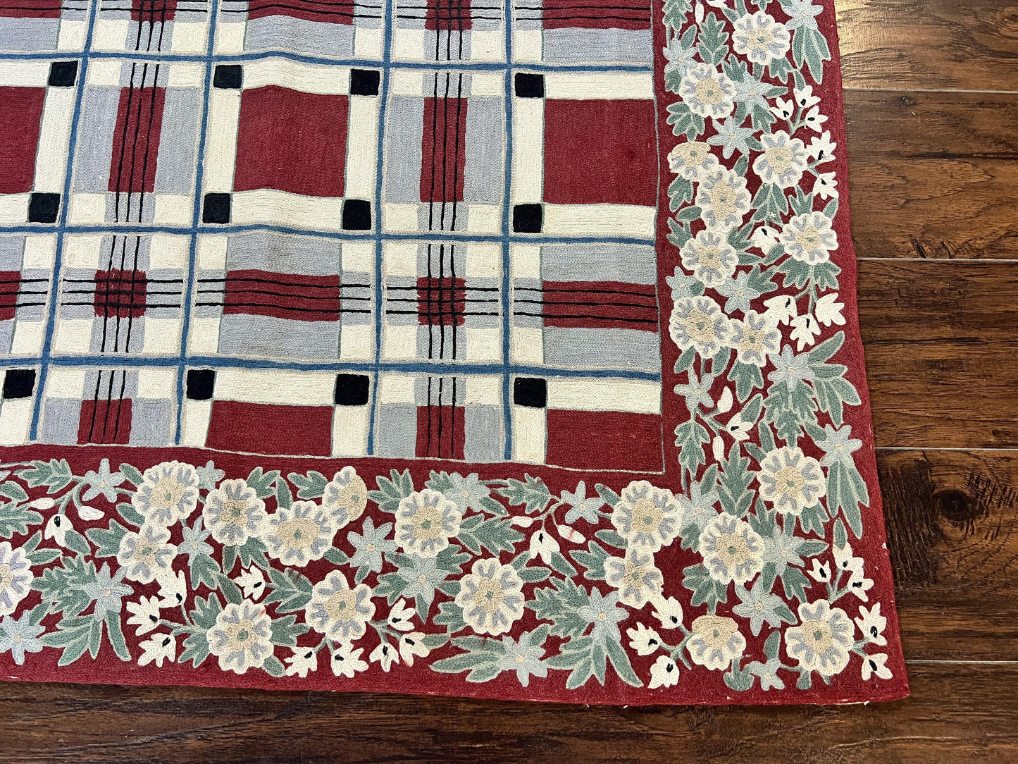 Indian Hand Stitched Rug 4x6, Vintage Carpet, Checkerboard Floral Pattern, Maroon Ivory, Flatweave, Wool