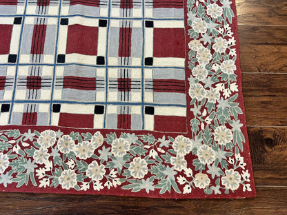 Indian Hand Stitched Rug 4x6, Vintage Carpet, Checkerboard Floral Pattern, Maroon Ivory, Flatweave, Wool
