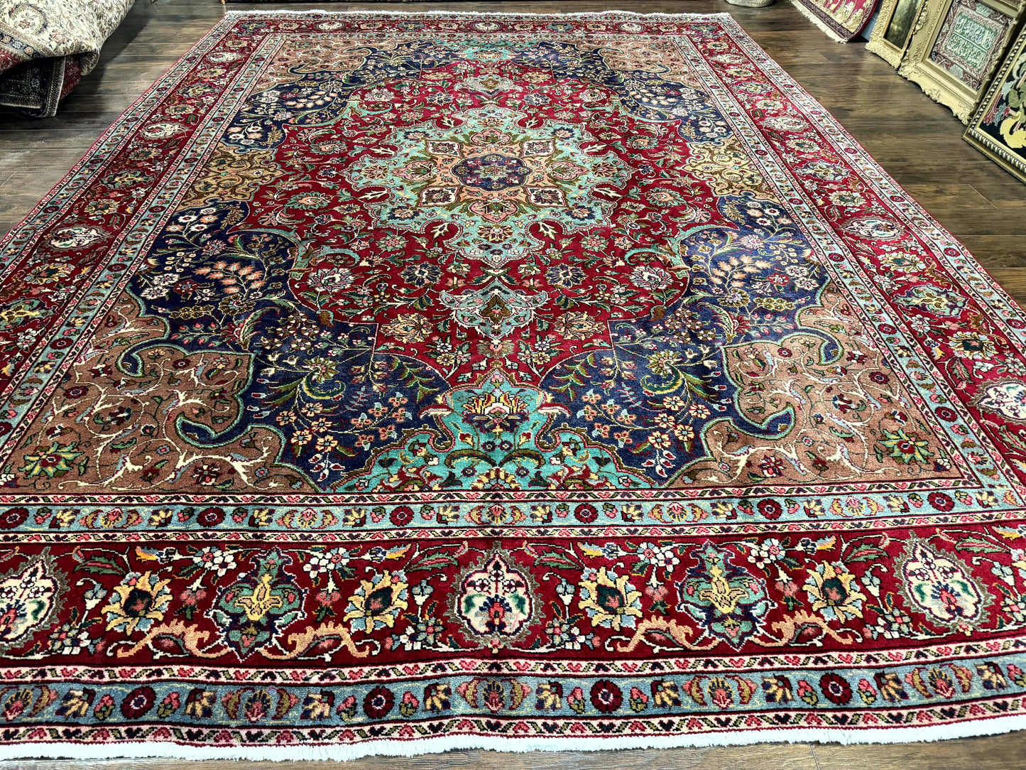 Wonderful Persian Tabriz Rug 10x14, Antique Persian Carpet, Handmade Wool Rug, Floral Medallion, Red Navy Blue, Colorful, Large Persian Area Rug