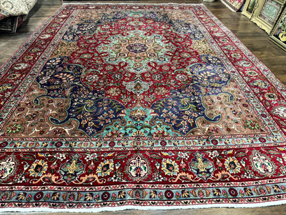 Wonderful Persian Tabriz Rug 10x14, Antique Persian Carpet, Handmade Wool Rug, Floral Medallion, Red Navy Blue, Colorful, Large Persian Area Rug