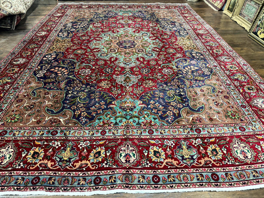 Wonderful Persian Tabriz Rug 10x14, Antique Persian Carpet, Handmade Wool Rug, Floral Medallion, Red Navy Blue, Colorful, Large Persian Area Rug