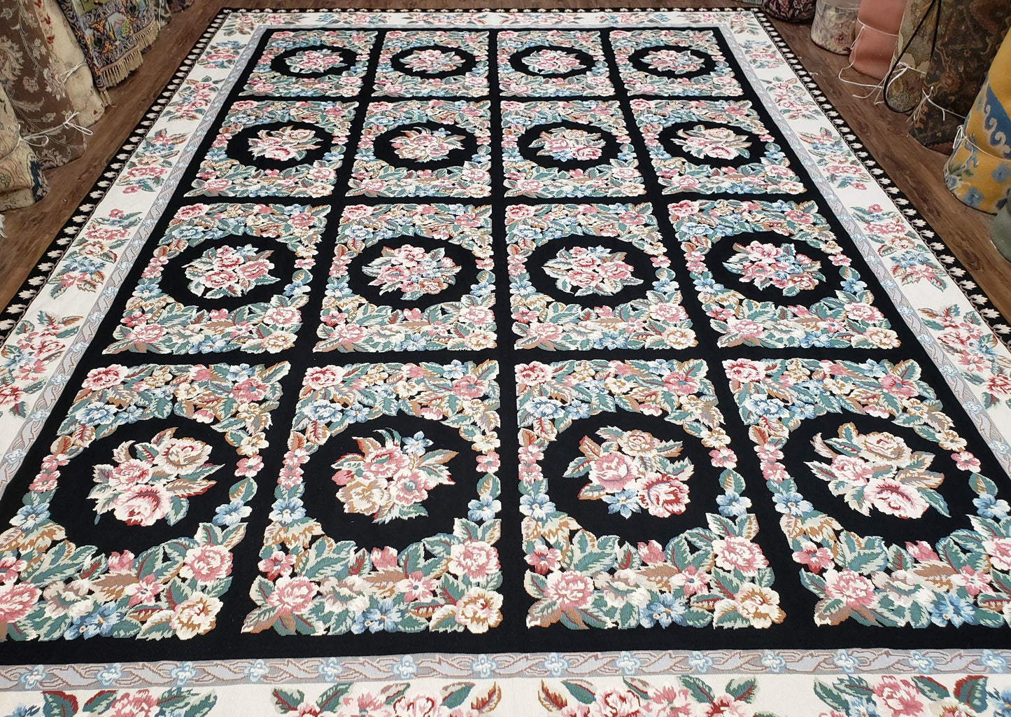 Floral Needlepoint Rug 9.5 x 13.6, Floral Panel Design, Black and Ivory Flatweave Aubusson Carpet, Multicolor