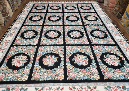 Floral Needlepoint Rug 9.5 x 13.6, Floral Panel Design, Black and Ivory Flatweave Aubusson Carpet, Multicolor