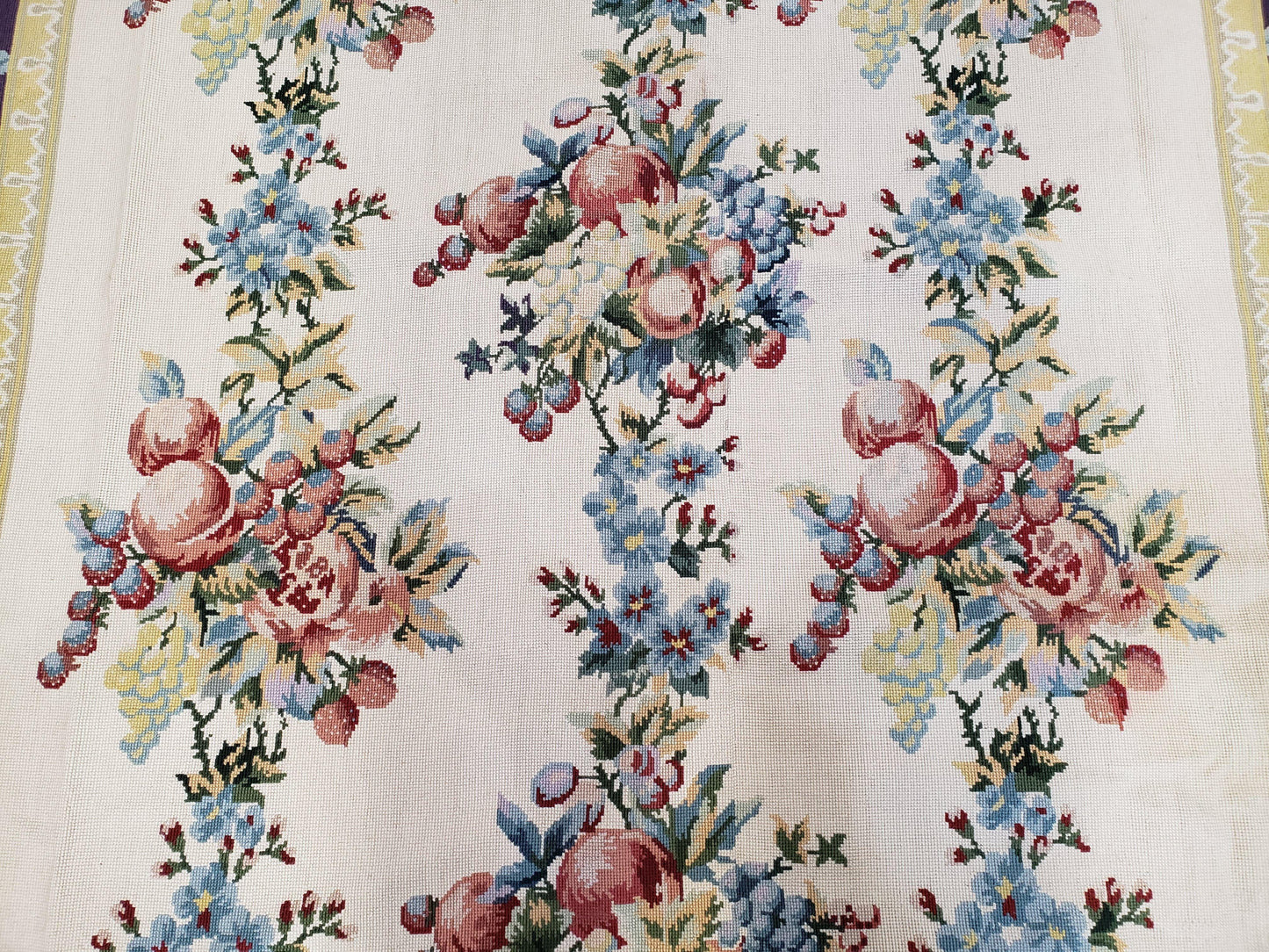 Vintage Chinese Floral Needlepoint Rug Wool Handwoven Flatweave Area Rug 6x9 Ivory Purple Dining Room