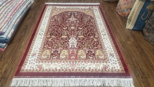 Silk Carpet 4x6 Dark Red & Cream, Tree of Life Rug, Animal Motifs, Birds Deer Rabbits, All Bamboo Silk, 4 x 6 Silk Area Rug