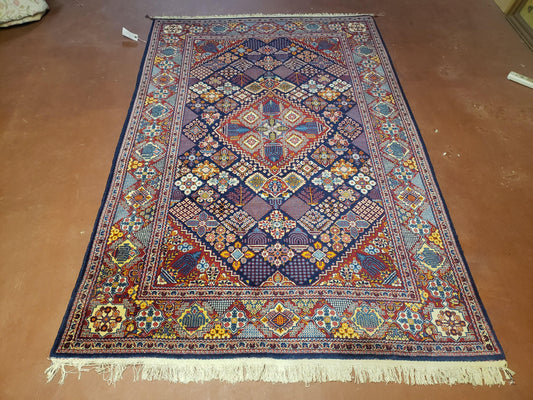 Wonderful Persian Kashan Rug 5x7, Dark Blue and Multicolor Panel Design, Wool Vintage Hand Knotted Carpet