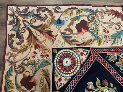 Palace Size Needlepoint Rug 12x20, European French English Aubusson Floral Design, Black and Beige