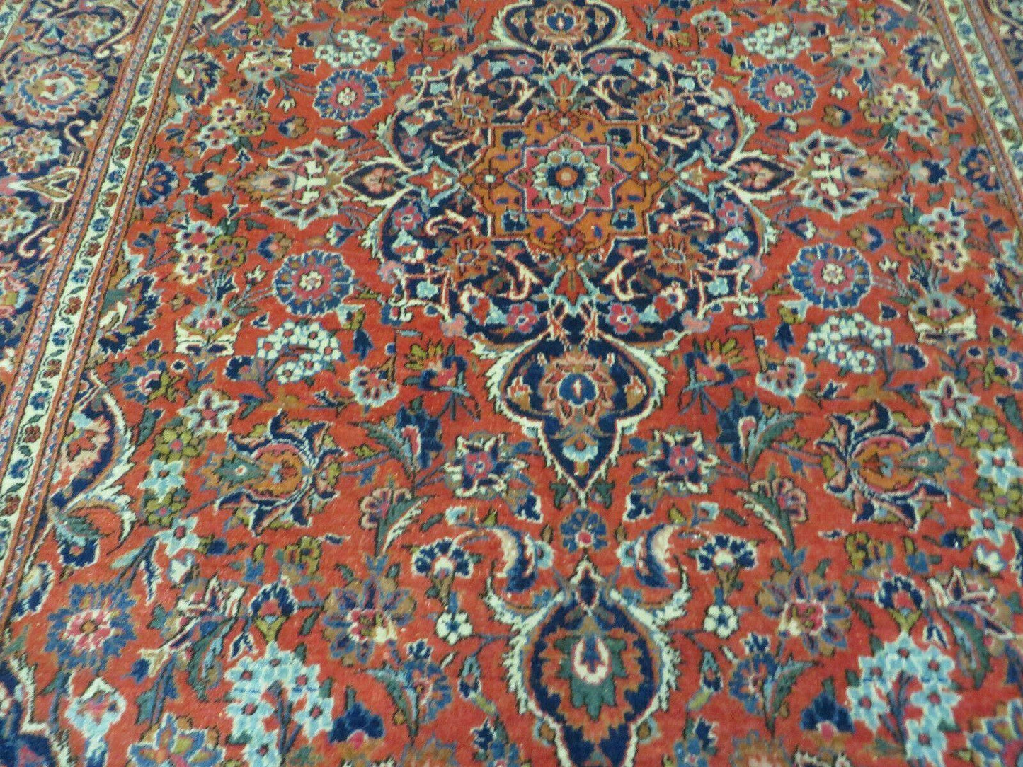 Persian Kashan Rug 4x7, Red and Navy Blue Semi Antique Vintage Wool Oriental Carpet, Hand Knotted Rug, Floral Medallion, High Quality Fine Carpet