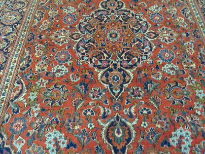 Persian Kashan Rug 4x7, Red and Navy Blue Semi Antique Vintage Wool Oriental Carpet, Hand Knotted Rug, Floral Medallion, High Quality Fine Carpet