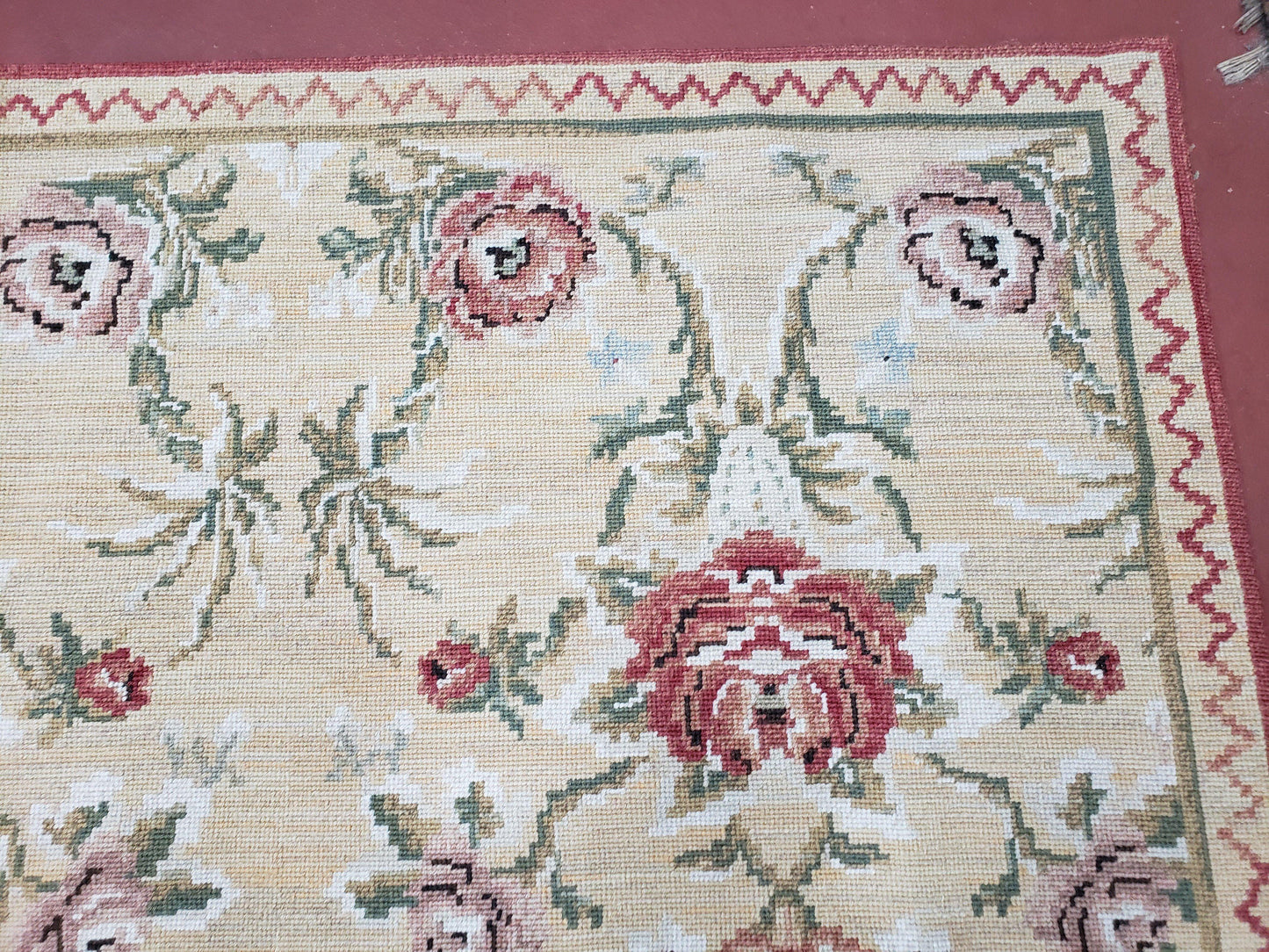 Needlepoint Rug 10x14 Wool Flatweave Carpet, English Floral Pattern, Pale Yellow, Roses, Allover Pattern, Handmade Large Needlepoint Nice