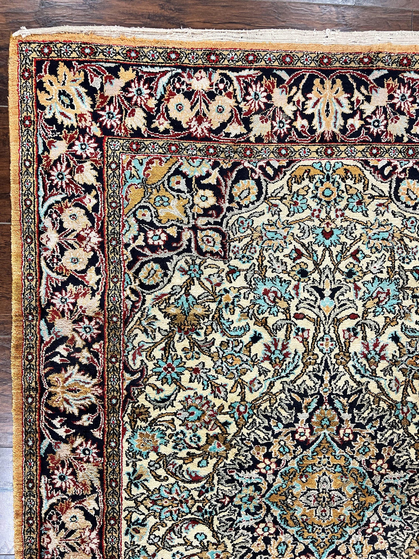 Silk Persian Qum Rug 4x5, Hand Knotted Vintage Carpet, Cream & Navy Blue, Silk Pile on Silk Foundation, Very Fine 360 KPSI