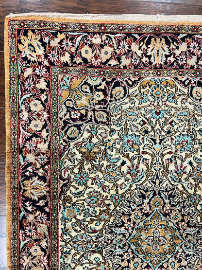 Silk Persian Qum Rug 4x5, Hand Knotted Vintage Carpet, Cream & Navy Blue, Silk Pile on Silk Foundation, Very Fine 360 KPSI