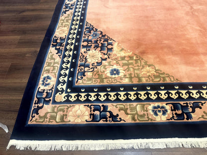 Chinese Wool Rug 11X18 Peking Style Open Field Peach and Blue Art Deco Handmade Carpet