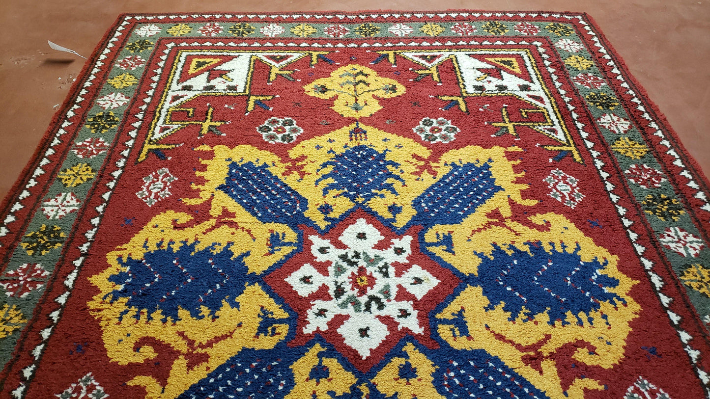 Moroccan Heriz Rug 6x9 Large Central Medallion Red Yellow Blue Colorful Wool Area Rug