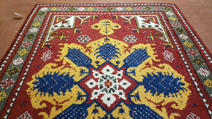 Moroccan Heriz Rug 6x9 Large Central Medallion Red Yellow Blue Colorful Wool Area Rug