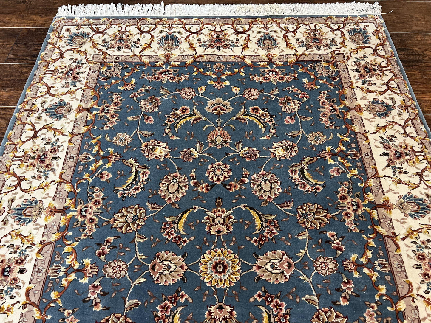 Sino Persian Rug 4x6, Very Fine Oriental Carpet, Handmade Rug 4 x 6, Floral Allover Vintage Traditional Wool & Silk Highlights, 200 KPSI