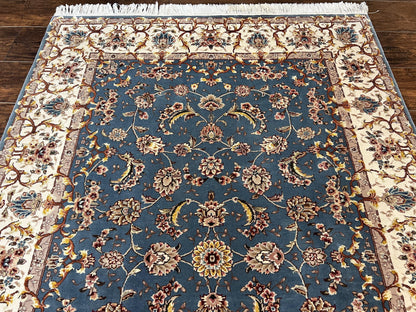 Sino Persian Rug 4x6, Very Fine Oriental Carpet, Handmade Rug 4 x 6, Floral Allover Vintage Traditional Wool & Silk Highlights, 200 KPSI