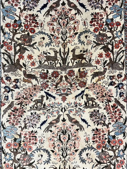 Persian Tree of Life 5x7, Qum Rug, Animal Motifs, Deer Birds, Fine 225 KPSI, Semi Antique Wool Rug, Cream Red