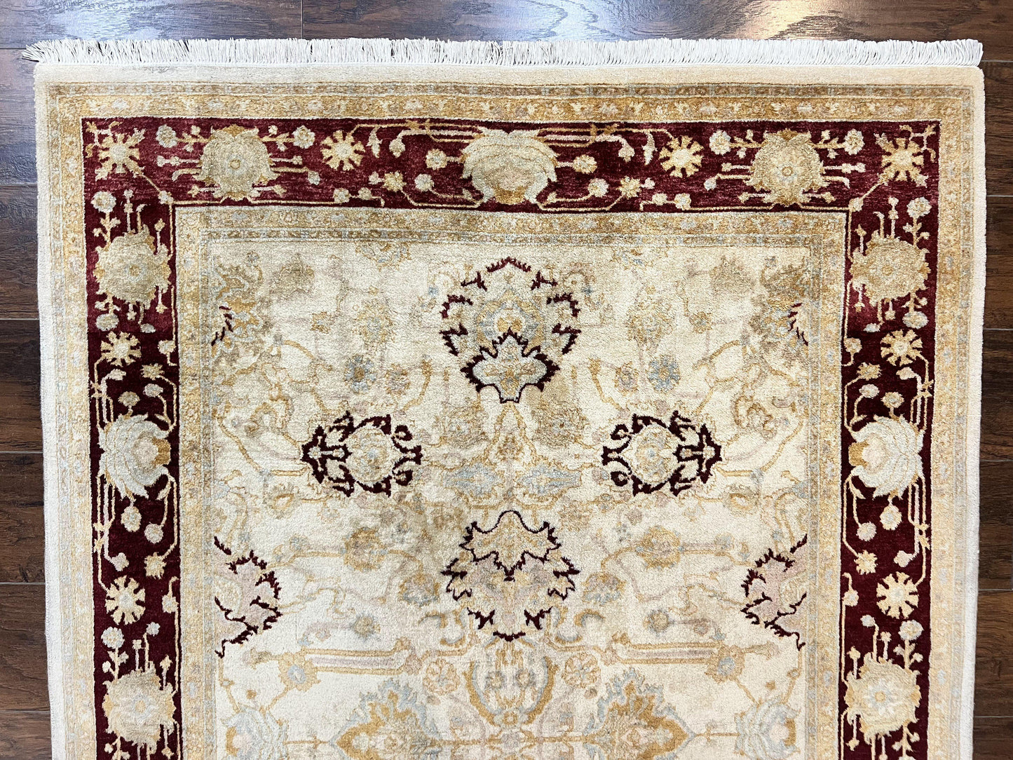 Peshawar Rug 5x7, Beige and Maroon, Vintage Handmade Wool Traditional Carpet 5 x 7 ft, Pakistani Rug, Agra Pattern, Very Fine 260 KPSI