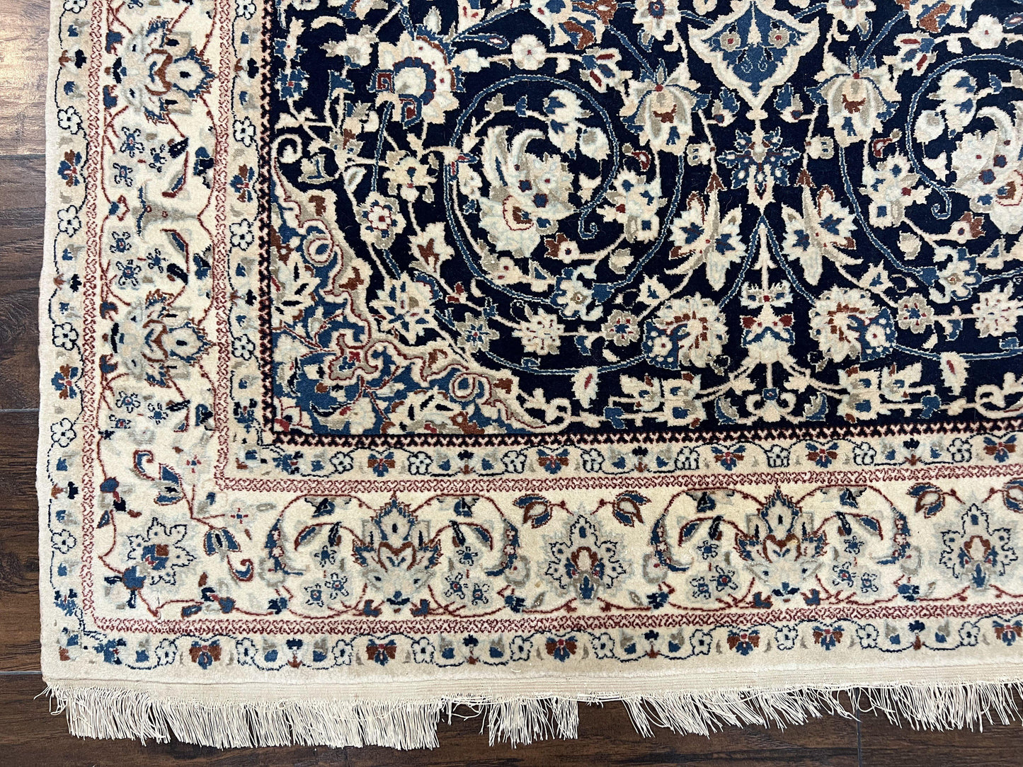 Persian Nain Rug Hand Knotted Wool and Silk Accents With Floral Medallion Navy Blue Ivory Cream
