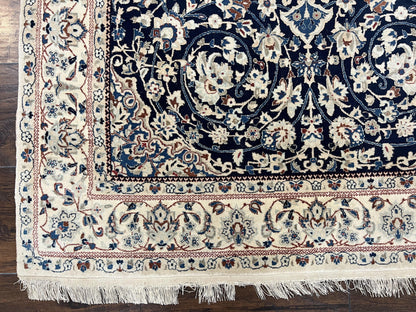 Persian Nain Rug Hand Knotted Wool and Silk Accents With Floral Medallion Navy Blue Ivory Cream