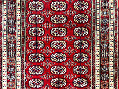 Pakistani Bokhara Rug 4x6, Red Turkoman Carpet, Finely Hand Knotted, Wool Vintage Rug