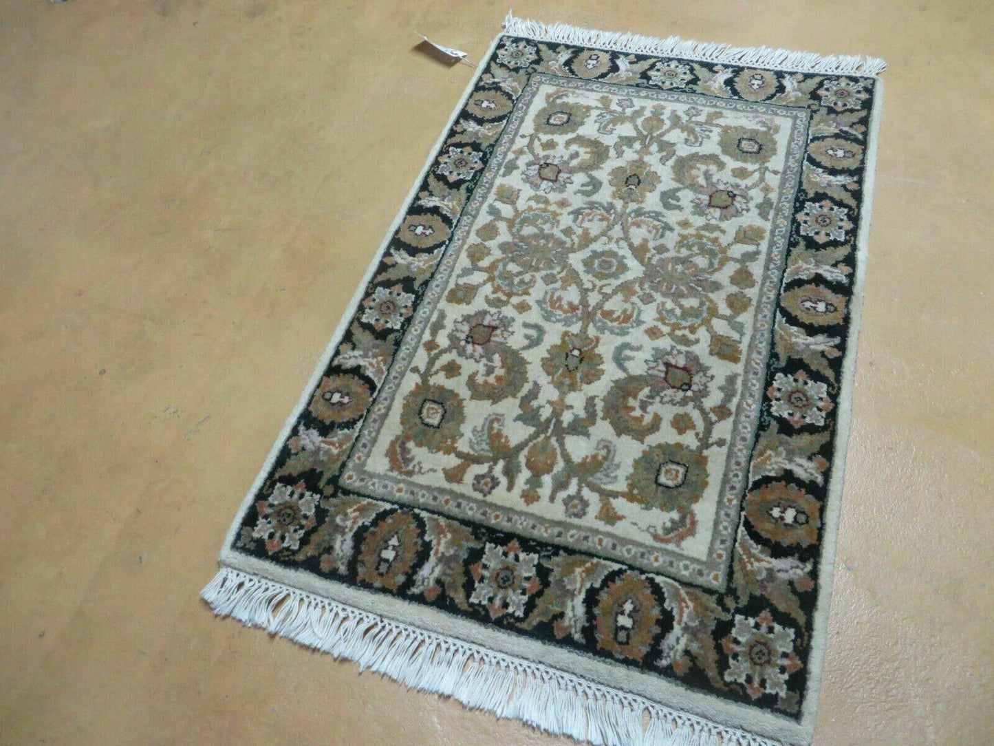 Handmade Indian Wool Rug 25x38 Floral Pattern Vintage 1980s Carpet
