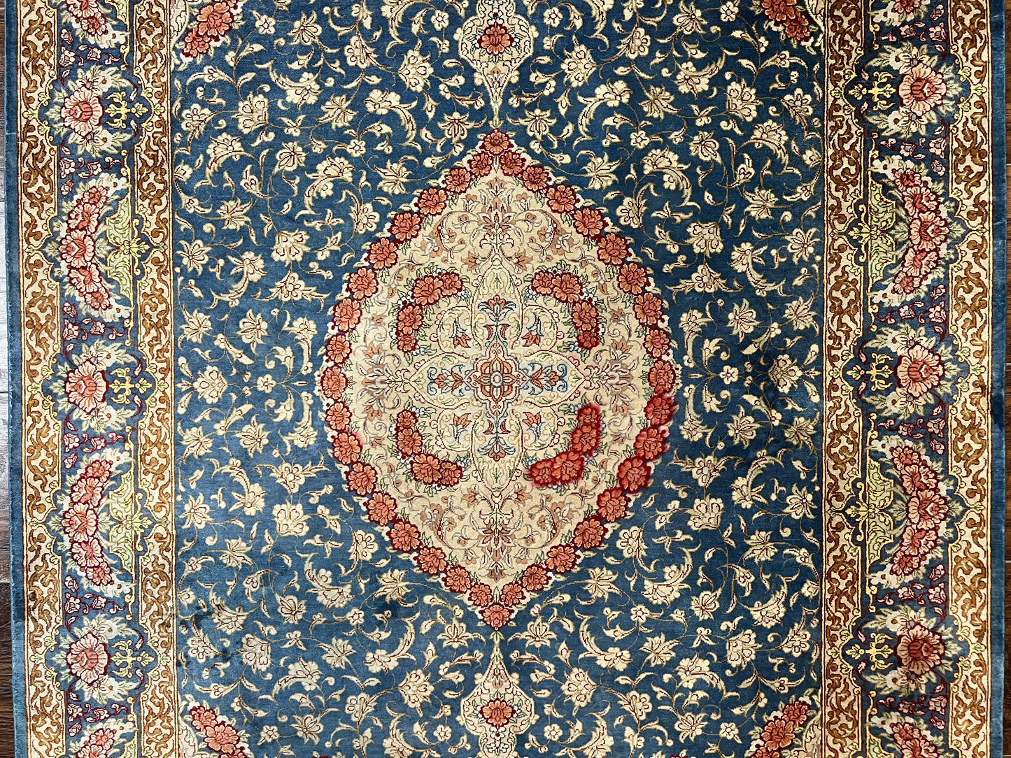 Magnificent Persian Qum Silk Rug 3x5, Blue, Super Fine 675 KPSI - 70 Raj, Floral Roses, Handmade Vintage Silk Carpet, Masterpiece