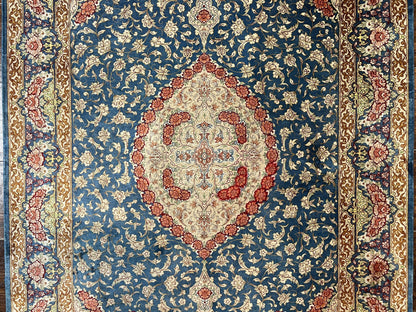 Magnificent Persian Qum Silk Rug 3x5, Blue, Super Fine 675 KPSI - 70 Raj, Floral Roses, Handmade Vintage Silk Carpet, Masterpiece