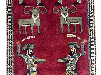 Handmade Wool Rug 3x6 Tribal Balouch Warriors Deer Pictorial Red Swords