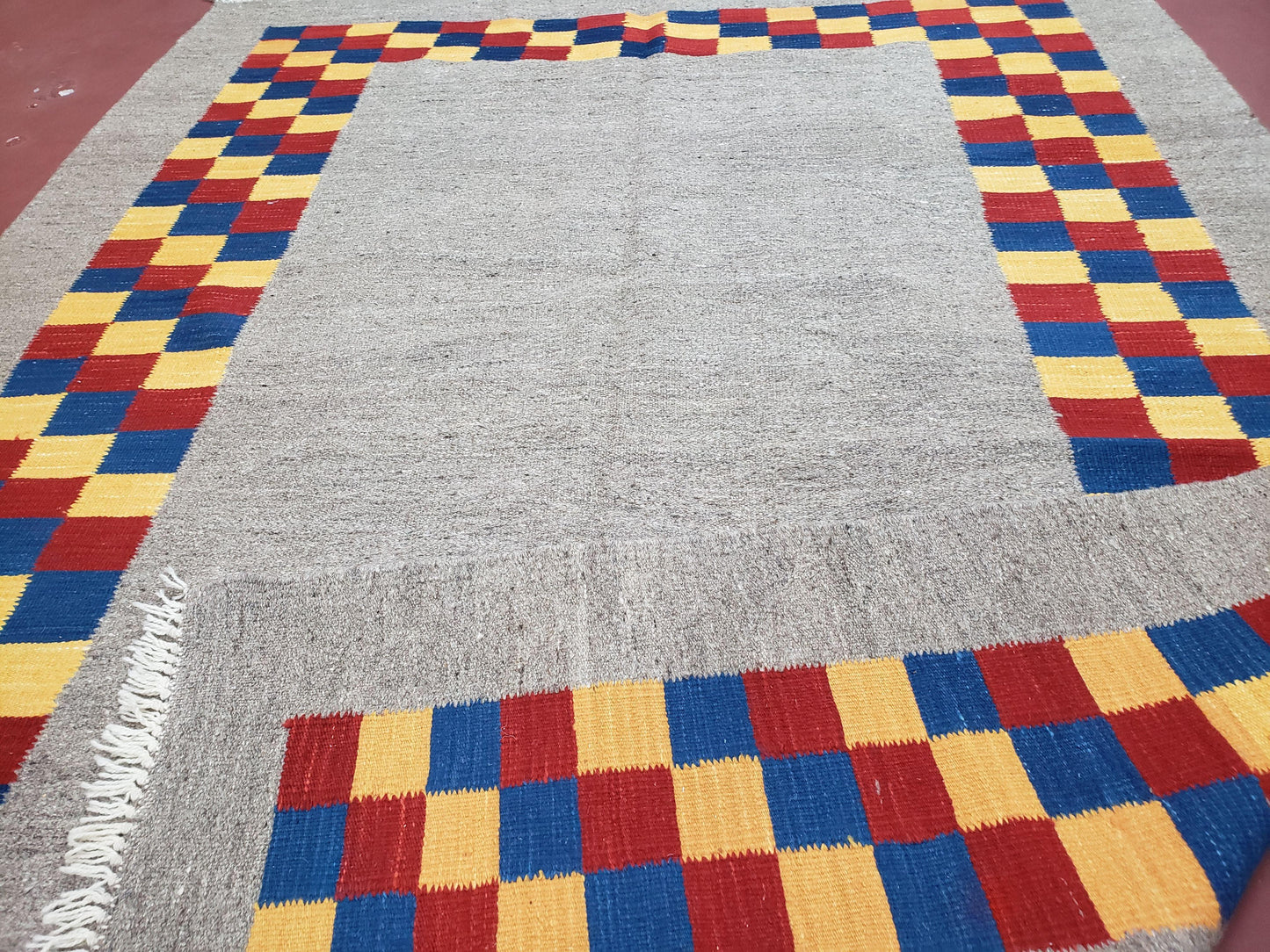 Turkish Kilim Rug Hand Knotted Wool Area Rug 5 Ft 6 In By 8 Ft Gray With Colorful Checker Border