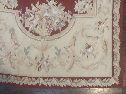 Aubusson Runner Rug 3x10, European Design, Red and Beige, Elegant, Handmade Wool Rug