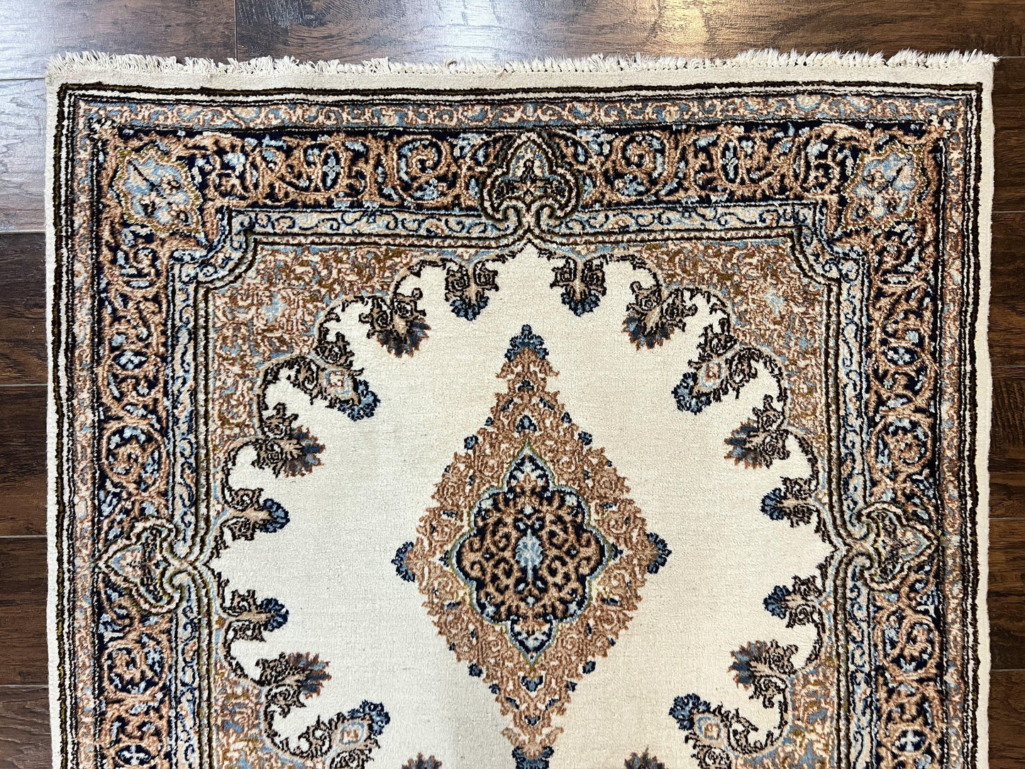 Persian Kirman Square Rug 4x4 Handmade Wool Hand Knotted Semi Open Field