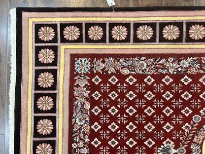 Pakistani Rug 6x9, European Aubusson Design, Wool Handmade Vintage Carpet, Dark Red, 6 x 9 Medium Sized Rug