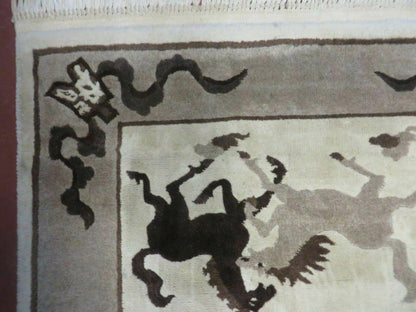 Hand Knotted Wool Rug 4x6 Tibetan Nepal Art Deco Horse Design Vintage 1980s