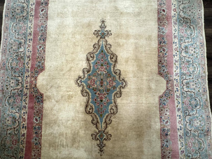 Persian Kerman Rug 6x9 Pastel Colors Semi Open Field Medallion Wool Hand Knotted