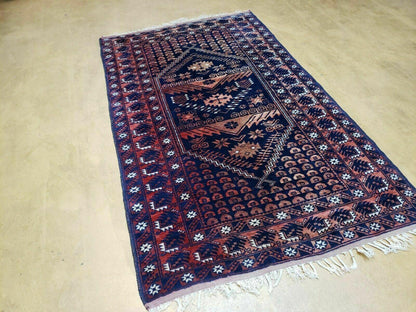 Vintage Balouchi Wool Rug Handmade In Pakistan 3 Foot 4 Inch By 5 Foot 6 Inch