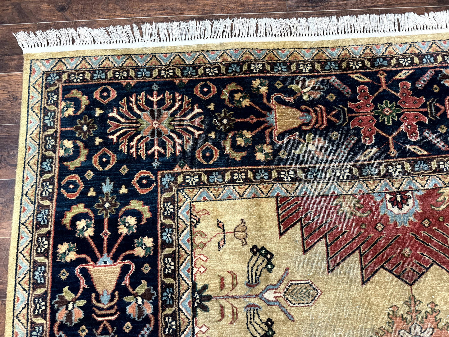 Indo Persian Heriz Rug 8x12 Hand Knotted Wool Decorative Vintage Area Rug Camel Hair Tan And Navy Blue