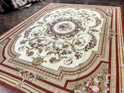Elegant Aubusson Needlepoint Rug 9x11 Handmade Wool Flatweave Floral Cream