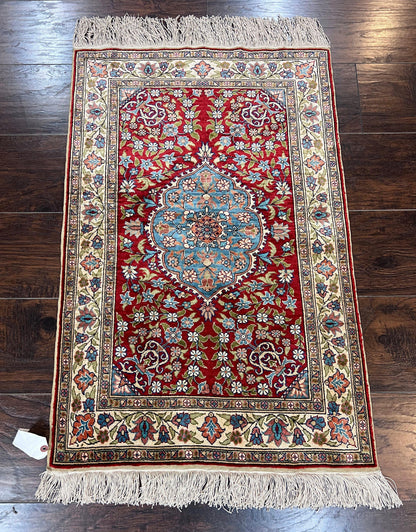 Silk Turkish Kayseri Rug 2x3, Small All Silk Turkish Carpet, Red and Light Blue, Very Fine Hand Knotted Semi Antique Vintage Handmade Rug