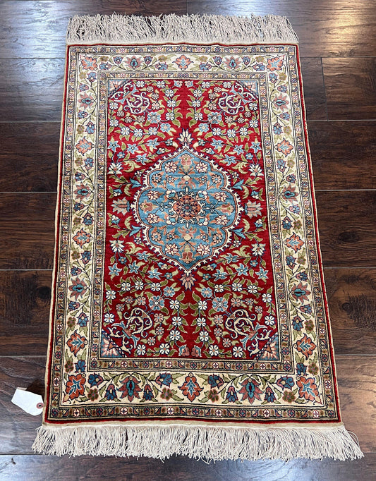 Silk Turkish Kayseri Rug 2x3, Small All Silk Turkish Carpet, Red and Light Blue, Very Fine Hand Knotted Semi Antique Vintage Handmade Rug