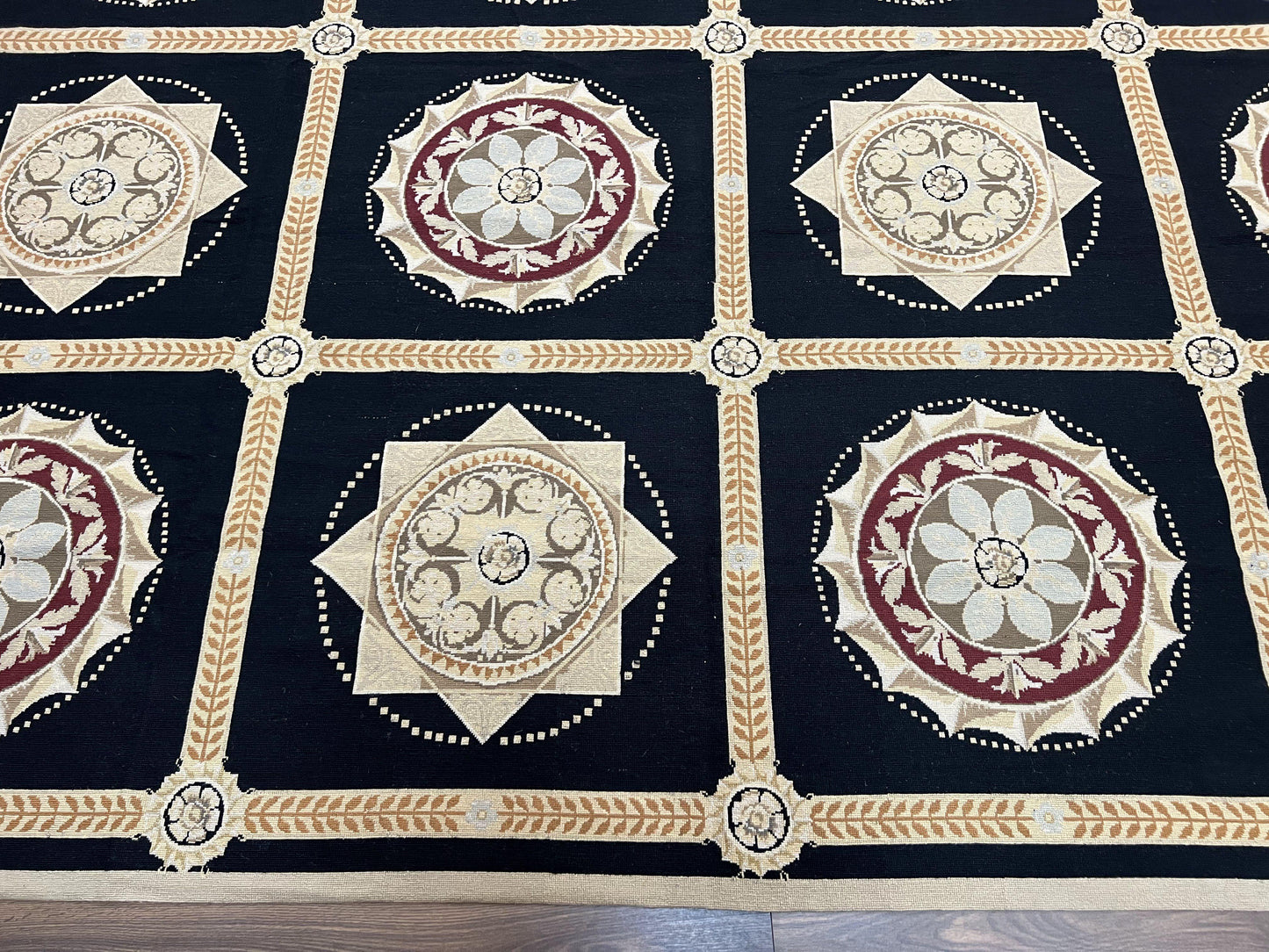 Large Needlepoint Rug 10x13, Panel Design, Black and Beige, Wool Needlepoint Carpet 10 x 13, English Garden, Handwoven Area Rug, Living Room