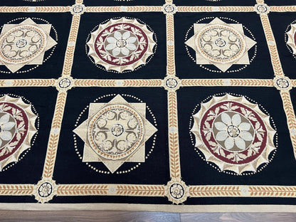 Large Needlepoint Rug 10x13, Panel Design, Black and Beige, Wool Needlepoint Carpet 10 x 13, English Garden, Handwoven Area Rug, Living Room